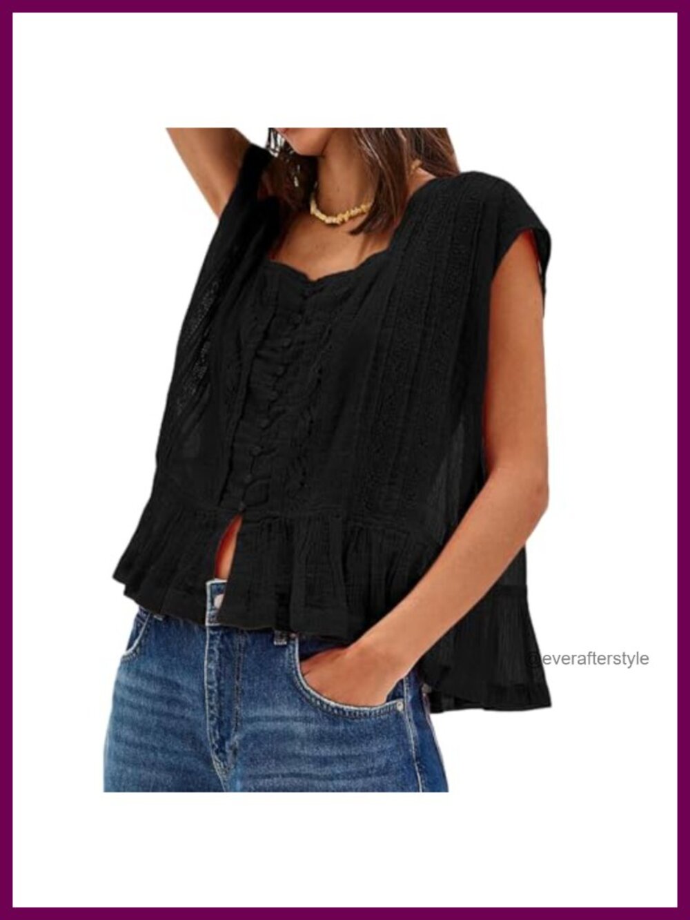 Semi Sheer Lace Trim Button Down Blouse Short Sleeve Round Neck Casual Top